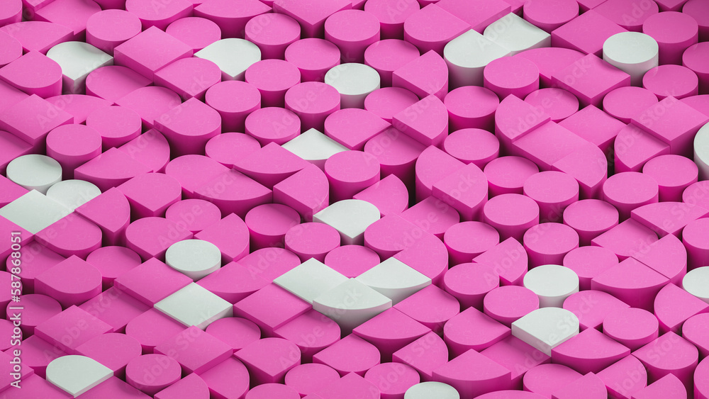 Simple 3d shapes pattern. Bauhaus style. Pink and white colors.