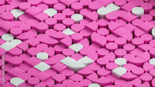 Simple 3d shapes pattern. Bauhaus style. Pink and white colors.