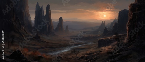 Towering sandstone rock formations in arid canyon valley, morning sunrise over vast semi-desert rocky region, natural wonders panoramic view - generative AI