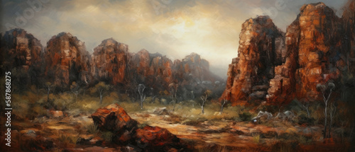 Towering sandstone rock formations in arid canyon valley, morning sunrise over vast semi-desert rocky region, natural wonders panoramic view - generative AI © SoulMyst