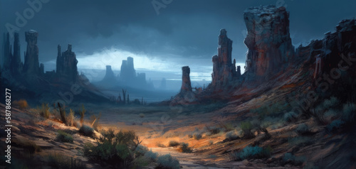 Towering sandstone rock formations in arid canyon valley, blue twilight hour over vast semi-desert rocky region, natural wonders panoramic view - generative AI