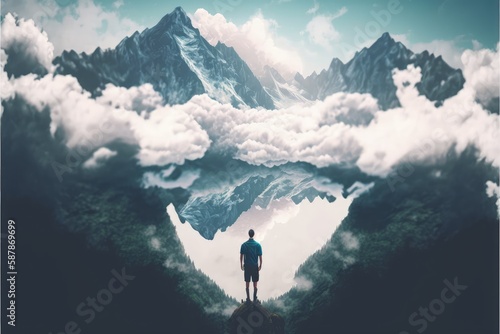 The surreal scene displays a man strolling on clouds, gazing at inverted mountains in an otherworldly environment. Fantasy concept , Illustration painting. Generative AI