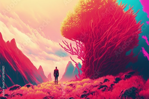 A man gazing upon a vivid coral forest in a fantastical landscape. Fantasy concept   Illustration painting. Generative AI