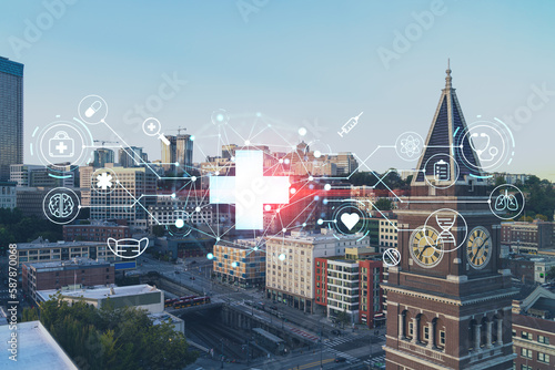 Seattle aerial skyline panorama of downtown at day time  Washington USA. Health care digital medicine hologram. The concept of treatment and disease prevention