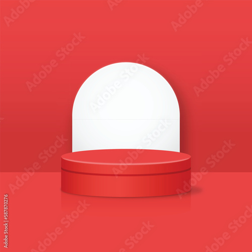 Minimal red podium and white background illustration. For presentation or product display, studio room