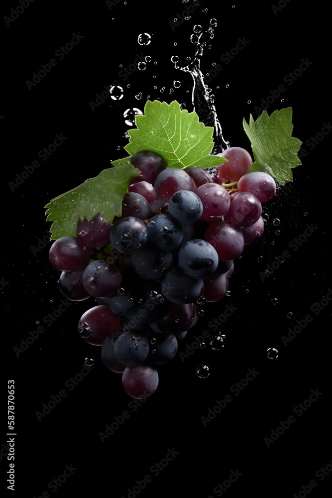 A bunch of grapes is falling into a water splash created with generative AI tools