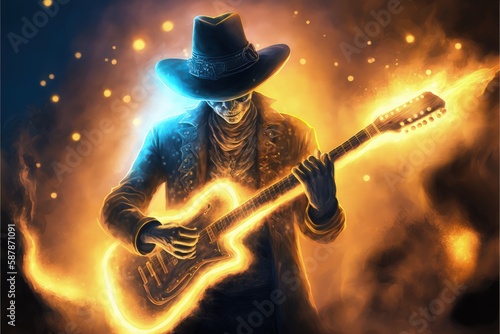 An enigmatic individual plays a glowing guitar surrounded by a mist of smoke. Fantasy concept , Illustration painting. Generative AI