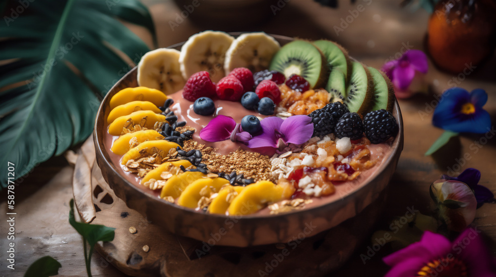 Healthy fruit bowl, chia, acai. Generative AI.