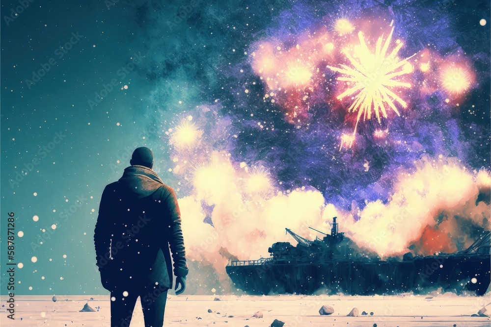 Naklejka premium A man admires destroyed vessels on the shore amid a display of pyrotechnics. Fantasy concept , Illustration painting. Generative AI