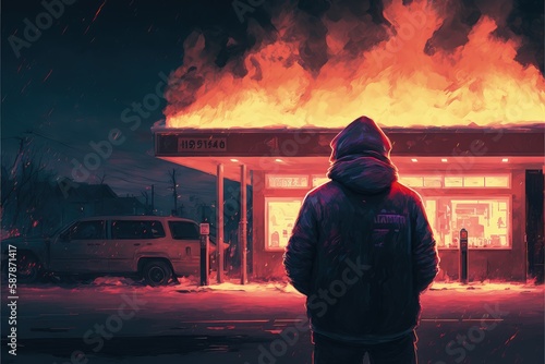 A man burning a gas station at night, under the dim light of the streetlamps, with cars parked in the background. Fantasy concept , Illustration painting. Generative AI