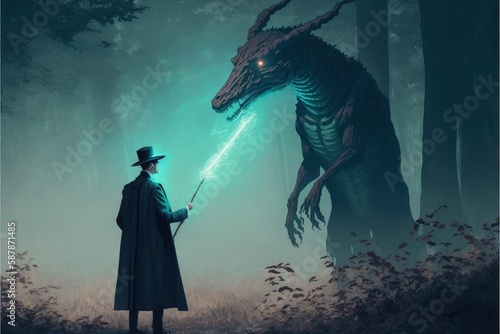 In the midst of a dense forest  a young wizard wields a magic staff while gazing intently at a colossal creature looming before him. Fantasy concept   Illustration painting. Generative AI