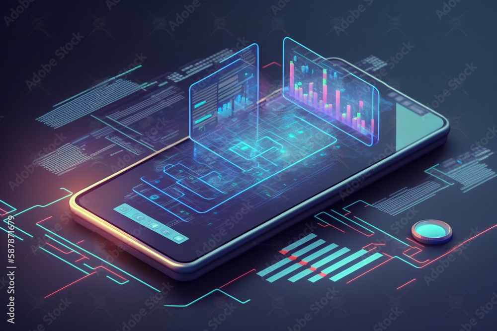 Application of Smartphone with business graph and analytics data on the anisometric mobile phone. Analysis trends and software development coding process concept. Generative AI Application of Smartphone with business graph and analytics data on the anisometric mobile phone. Analysis trends and software development coding process concept. Generative AI