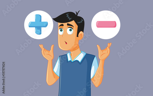 Man Calculating Pros and Cons Vector Cartoon Illustration. Guy feeling undecided calculating both arguments 
