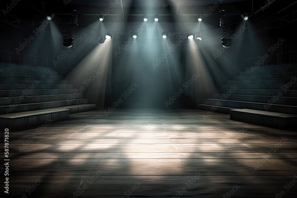 Illustration of an empty stage with multiple spotlights shining brightly. Generative AI