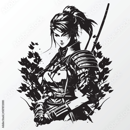 Cartoon samurai women character sketch in anime style 