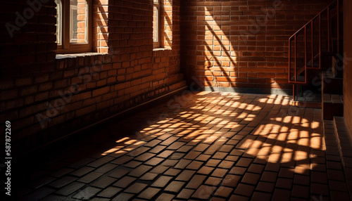 Sunlight casts shadows on ancient brick architecture indoors generated by AI
