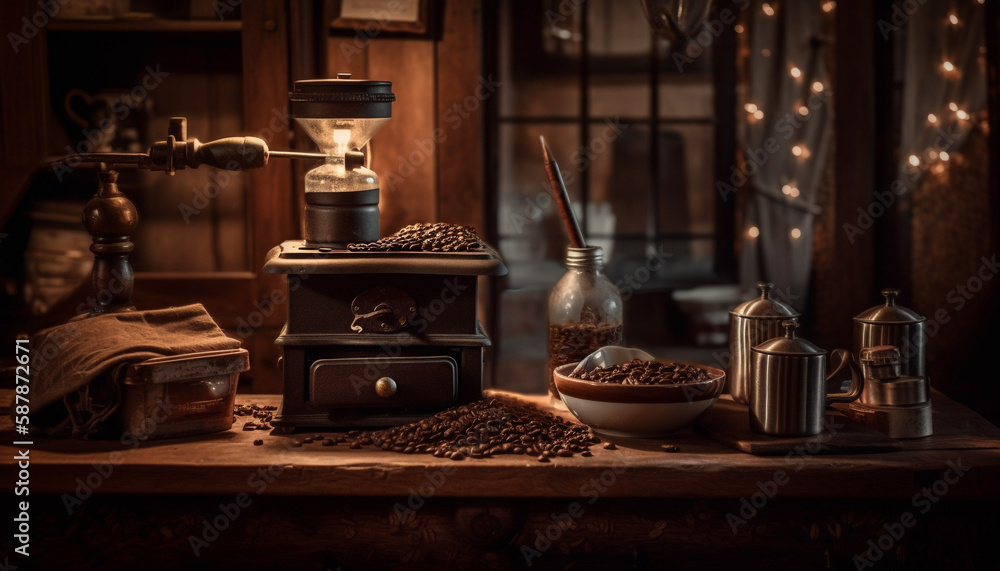 Close up rustic coffee grinder on wood table generated by AI