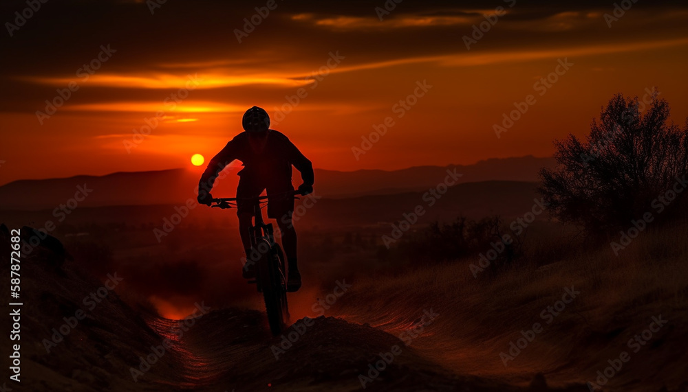 Mountain biker racing towards sunset, extreme vigor generated by AI