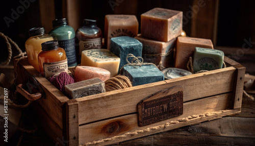 Antique wooden box holds homemade aromatherapy collection generated by AI