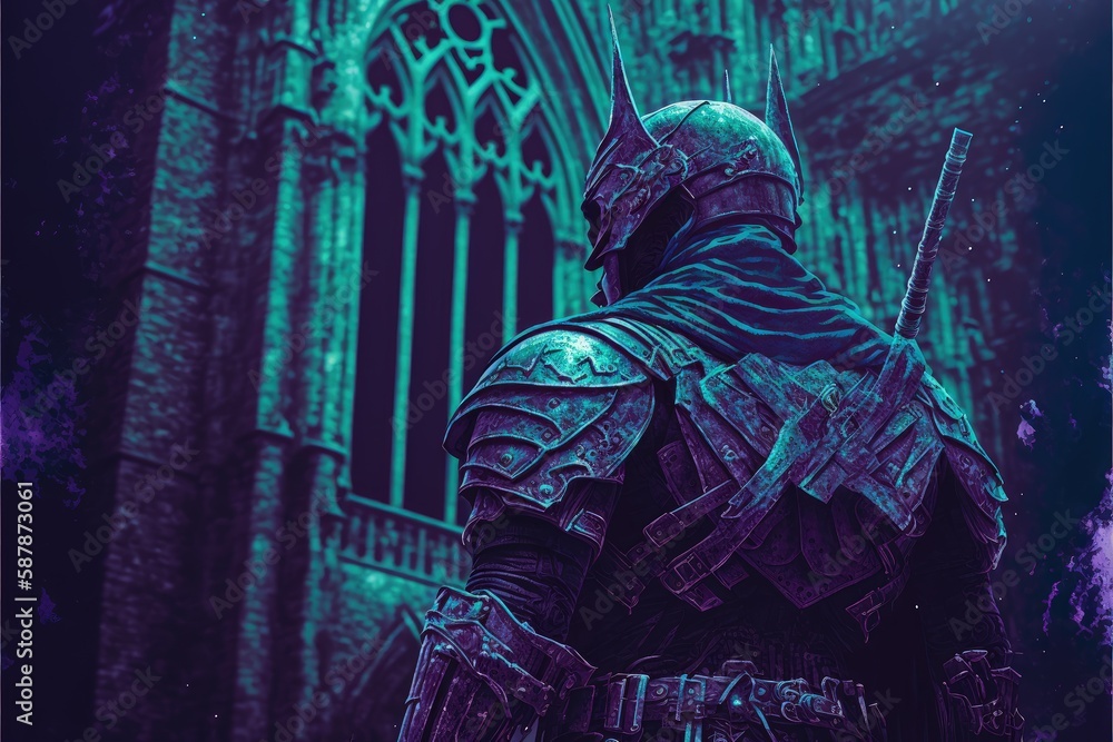The warrior gazes upon a mysterious glow amidst Gothic architecture. Fantasy concept , Illustration painting. Generative AI The warrior gazes upon a mysterious glow amidst Gothic architecture. Fantasy concept , Illustration painting. Generative AI