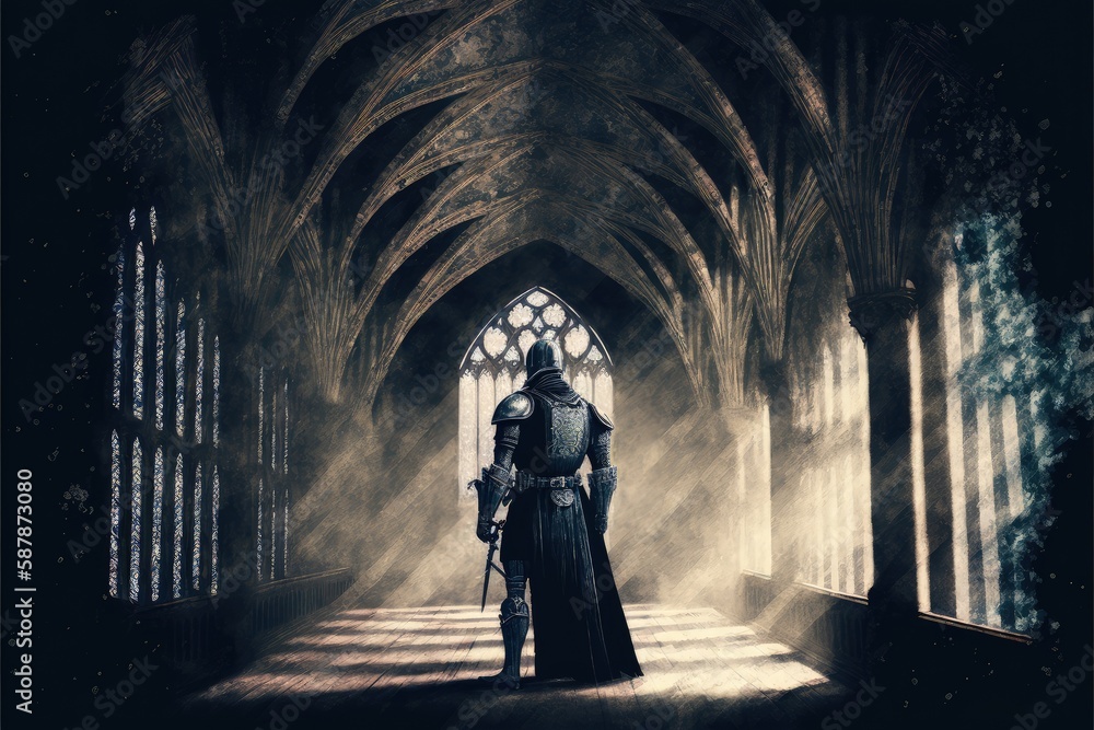 The warrior gazes upon a mysterious glow amidst Gothic architecture. Fantasy concept , Illustration painting. Generative AI