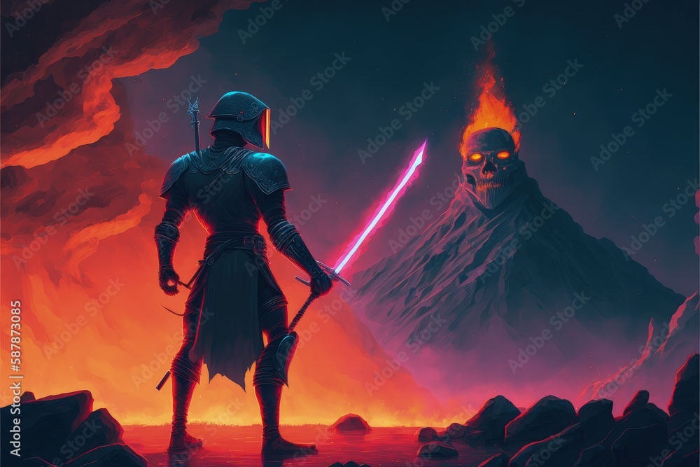 A warrior brandishing a blade confronts a fiery demon in the depths of the underworld. Fantasy concept , Illustration painting. Generative AI A warrior brandishing a blade confronts a fiery demon in the depths of the underworld. Fantasy concept , Illustration painting. Generative AI