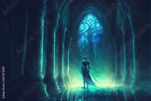 The warrior gazing upon an enigmatic radiance amidst Gothic architecture. Fantasy concept , Illustration painting. Generative AI