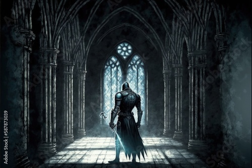 The warrior gazes upon a mysterious glow amidst Gothic architecture. Fantasy concept   Illustration painting. Generative AI