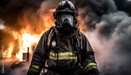 Firefighter in protective gear battles inferno destruction generated by AI