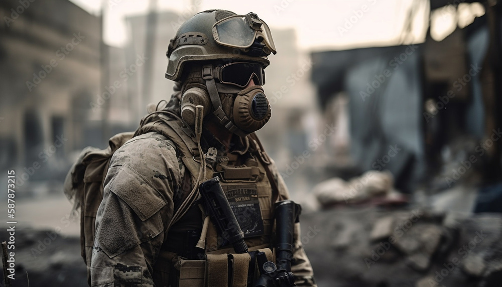 Army soldiers wearing protective masks and helmets aim generated by AI Army soldiers wearing protective masks and helmets aim generated by AI