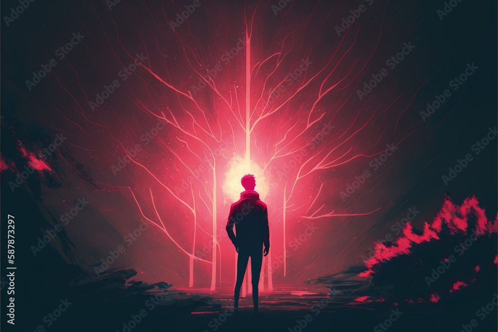 Male observing luminous modern illumination within a magical crimson woods. Fantasy concept , Illustration painting. Generative AI Male observing luminous modern illumination within a magical crimson woods. Fantasy concept , Illustration painting. Generative AI