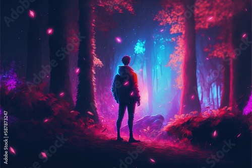 Male observing luminous modern illumination within a magical crimson woods. Fantasy concept , Illustration painting. Generative AI