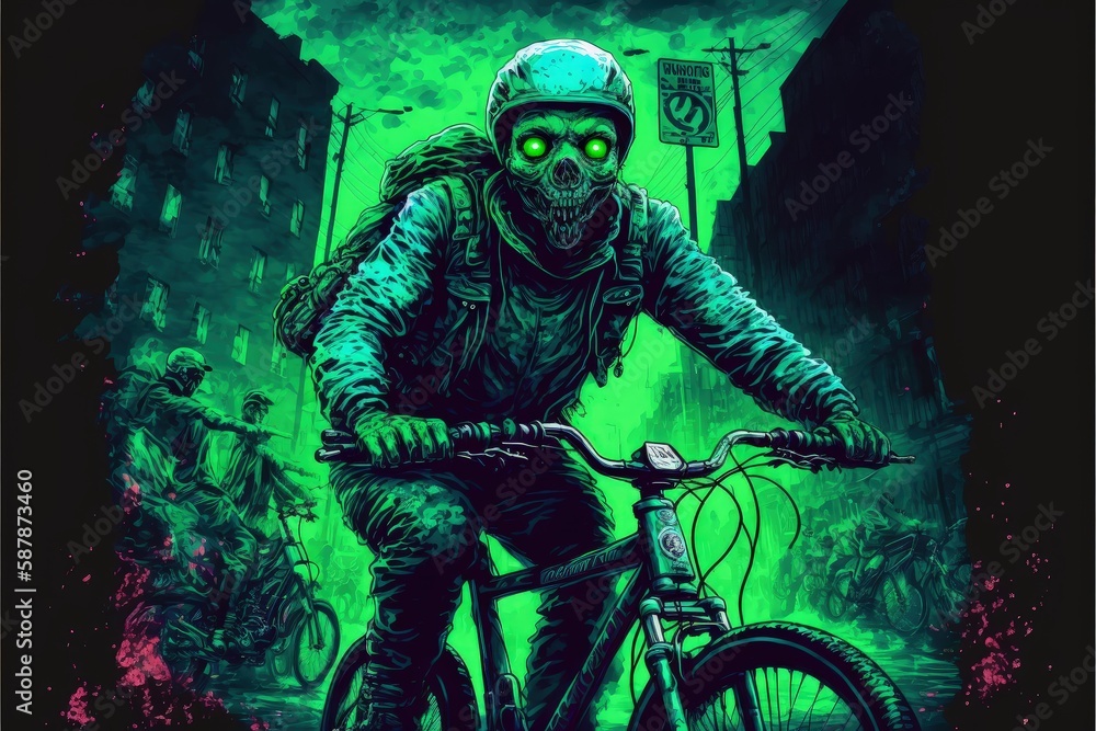 Biker undead wearing respirator pedaling in chemical contamination area. Fantasy concept , Illustration painting. Generative AI Biker undead wearing respirator pedaling in chemical contamination area. Fantasy concept , Illustration painting. Generative AI