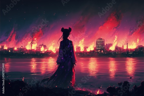 Female gazing at fiery metropolis from the seashore. Fantasy concept , Illustration painting. Generative AI