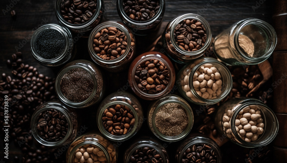 Freshly spilled coffee beans add aroma decoratively generated by AI