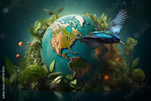 Planet Earth day concept. Minimalistic planet Earth globe surrounded with greenery. Save and care nature and planet Earth idea. Generative AI © Rytis