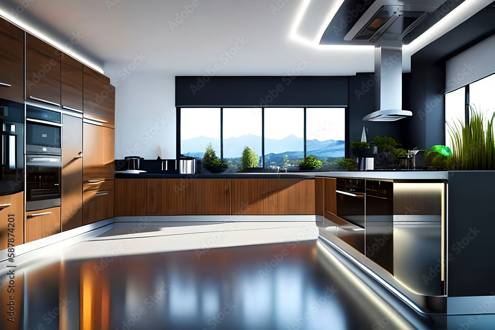 Generative AI image of a futuristic modern kitchen concept. Kitchen is one of the important features for a home Generative AI image of a futuristic modern kitchen concept. Kitchen is one of the important features for a home