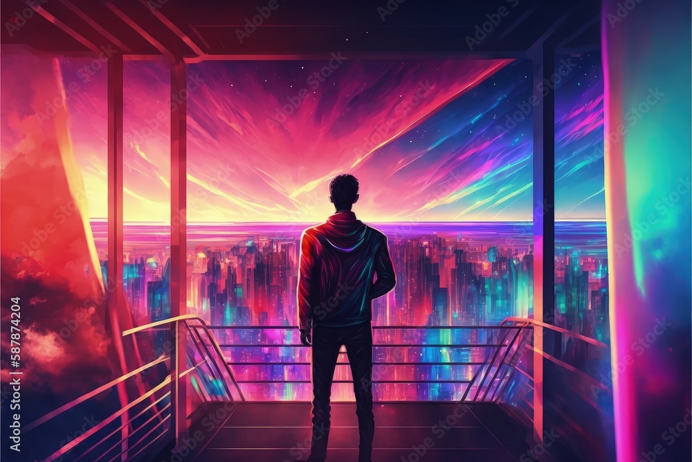 A male observing a futuristic metropolis with colorful lights while standing on a balcony. Fantasy concept , Illustration painting. Generative AI A male observing a futuristic metropolis with colorful lights while standing on a balcony. Fantasy concept , Illustration painting. Generative AI