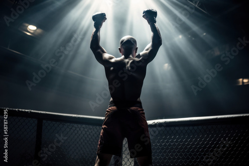 Fototapeta Mixed-martial artist athlete celebrates win in the cage created by Generative AI
