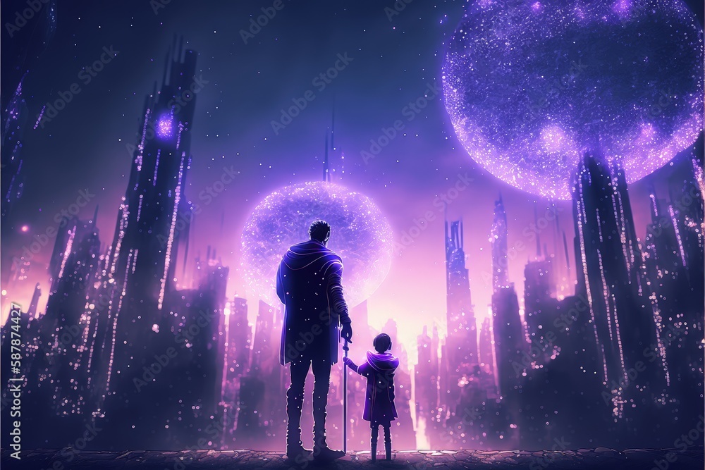 A dad and kid admire a dreamy urban landscape filled with shimmering dots. Fantasy concept , Illustration painting. Generative AI