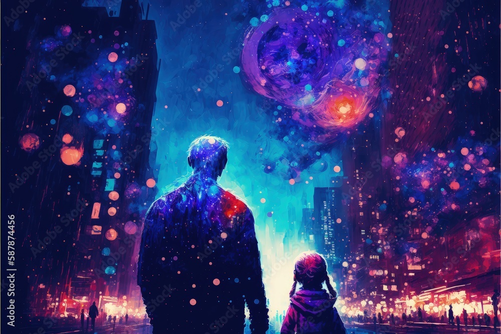Obraz premium A father and child marvel at a surreal cityscape aglow with luminous specks. Fantasy concept , Illustration painting. Generative AI