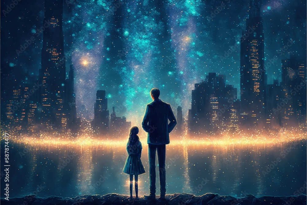A father and child marvel at a surreal cityscape aglow with luminous specks. Fantasy concept , Illustration painting. Generative AI
