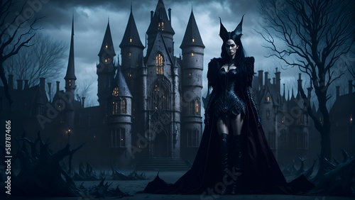 Gothic Vampire Queen in a Dark Castle. Generative AI