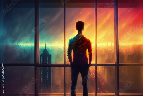 A male figure looks out from a balcony  taking in the sight of a futuristic city illuminated by vibrant lights. Fantasy concept   Illustration painting. Generative AI