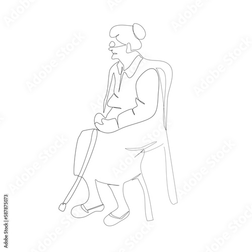 A Old woman sitting alone on rocking chair.Side view of lonely grandmother is sit on chair waiting someone  on white background.Vector illustration isolate flat design in single continue line.