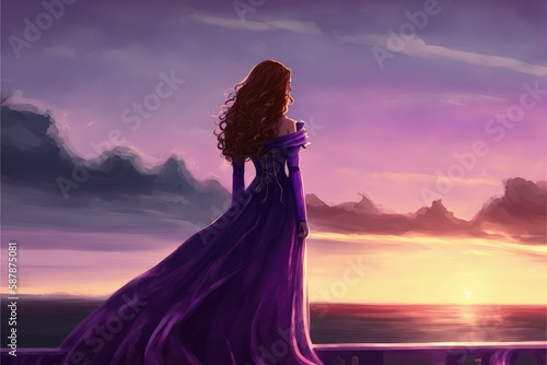 Woman in lavender gown and flowing tresses stands before a sunset backdrop. Fantasy concept , Illustration painting. Generative AI