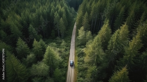 Aerial view of a car driving through a scenic forest road created with Generative AI technology © AI Visual Vault