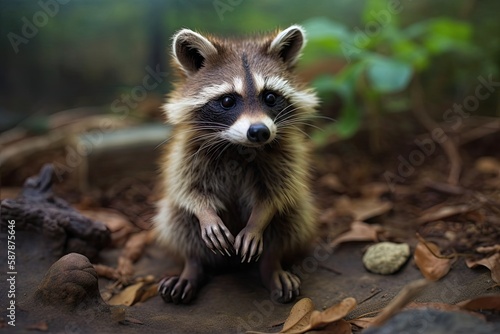 cute raccoon sitting on the forest floor surrounded by trees. Generative AI