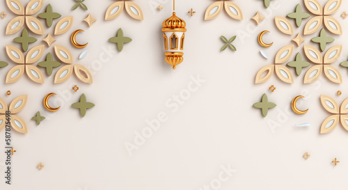 Islamic decoration background with lantern, crescent, ramadan kareem, mawlid, iftar, isra miraj, eid al fitr adha, muharram, copy space text area, 3D illustration.