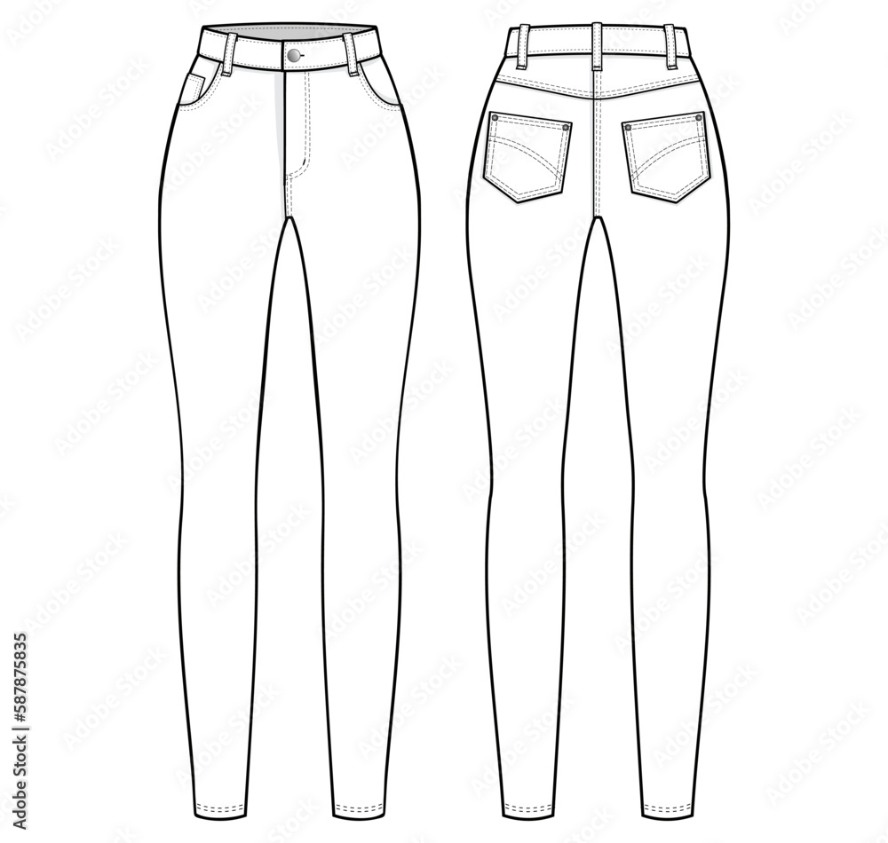 High Rise Skinny Jeans fashion flat technical drawing template. skinny ...